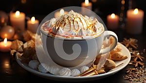 Cozy table, candlelight, hot drink, chocolate, marshmallow, winter relaxation generated by AI
