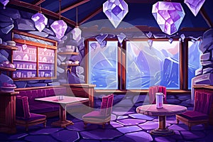 A cozy tavern interior with purple velvet chairs and crystal chandeliers in the fantasy art style.