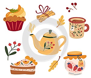 Cozy tea party. Tea set: teapots, pumpkin pie, muffin, cup of hot tea, jam and cinnamon. Tea service, garden flowers and snacks.