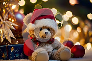 cozy teddy bear nestled among Christmas decorations