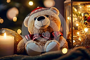 cozy teddy bear nestled among Christmas decorations