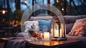 cozy terrace Autumn evening blurred lantern candle light, soft sofa ,cozy atmosfear on evening