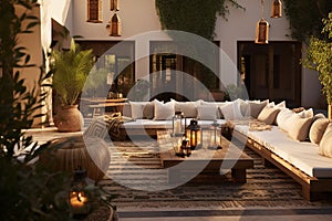 A cozy terrace with comfortable outdoor furniture, surrounded by greenery and adorned with lanterns.