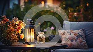 cozy terrace in garden,Autumn evening blurred lantern candle light, soft sofa ,cozy atmosfear on evening