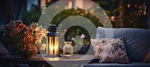 cozy terrace in garden,Autumn evening blurred lantern candle light, soft sofa ,cozy atmosfear on evening