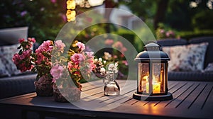 cozy terrace in garden,Autumn evening blurred lantern candle light, soft sofa ,cozy atmosfear on evening