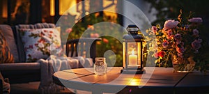 cozy terrace in garden,Autumn evening blurred lantern candle light, soft sofa ,cozy atmosfear on evening