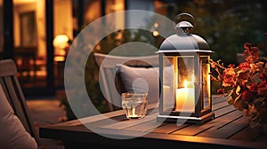 cozy terrace in garden summer evening blurred lantern candle light, soft sofa ,cozy atmosfear on evening