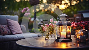 cozy terrace in garden summer evening blurred lantern candle light, soft sofa ,cozy atmosfear on evening