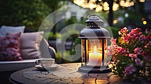 cozy terrace in garden summer evening blurred lantern candle light, soft sofa ,cozy atmosfear on evening