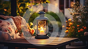 cozy terrace in gardenAutumn evening blurred lantern candle light, soft sofa ,cozy atmosfear on evening