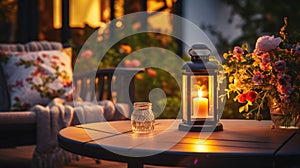 cozy terrace in gardenAutumn evening blurred lantern candle light, soft sofa ,cozy atmosfear on evening