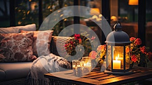 cozy terrace in gardenAutumn evening blurred lantern candle light, soft sofa ,cozy atmosfear on evening