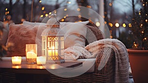 cozy terrace in gardenAutumn evening blurred lantern candle light, soft sofa ,cozy atmosfear on evening