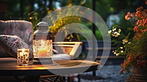 cozy terrace in gardenAutumn evening blurred lantern candle light, soft sofa ,cozy atmosfear on evening