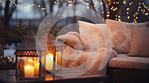cozy terrace in gardenAutumn evening blurred lantern candle light, soft sofa ,cozy atmosfear on evening