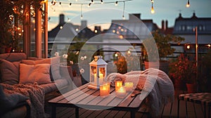 cozy terrace summer evening blurred lantern candle light, soft sofa ,cozy atmosfear on evening