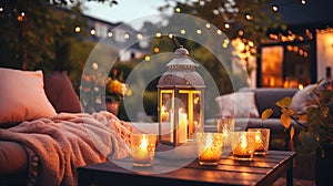 cozy terrace summer evening blurred lantern candle light, soft sofa ,cozy atmosfear on evening