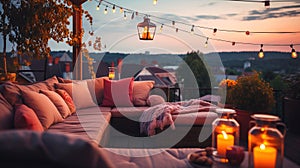 cozy terrace summer evening blurred lantern candle light, soft sofa ,cozy atmosfear on evening