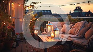 cozy terrace summer evening blurred lantern candle light, soft sofa ,cozy atmosfear on evening