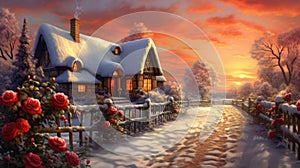 Cozy thatched cottage in a winter landscape. Snowy wonderland with a warm country house with a picket fence. Christmas hearth.