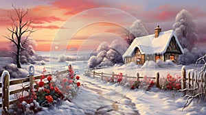 Cozy thatched cottage in a winter landscape. Snowy wonderland with a warm country house with a picket fence. Christmas hearth.