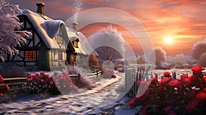 Cozy thatched cottage in a winter landscape. Snowy wonderland with a warm country house with a picket fence. Christmas hearth.