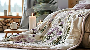 A cozy throw blanket adorned with embroidered designs of alpine flora and fauna in shades of lavender and sage green.