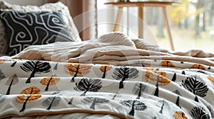 A cozy throw blanket adorned with a repeating pattern of tree rows perfect for snuggling up in during a crisp autumn day