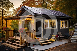 cozy tiny house exterior with solar panels