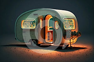 cozy tiny house for toys travel trailer with glowing windows