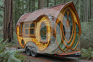 Cozy tiny house on wheels nestled among majestic redwoods blending nature and living in perfect harmony, tiny homes picture