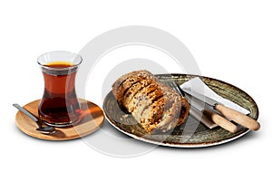 Cozy Turkish Breakfast: Sesame-Cheese Pastry with Traditional Turkish Tea