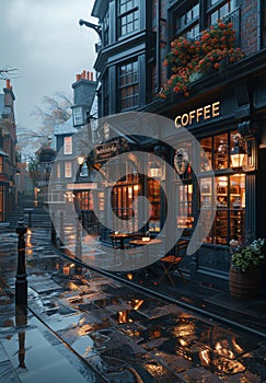 Cozy urban cafe in the old town in the rain.