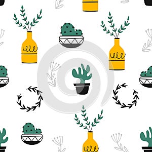 Cozy vector seamless pattern for your design. Potted plant. Hand-drawn, Scandinavian style.