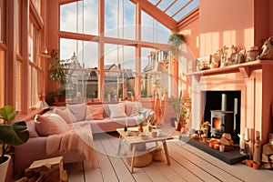 Cozy village house living room with vibrant peach fuzz color scheme and natural light