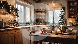 Cozy village kitchen with Christmas decor, new Year\'s mood, preparing for the holiday, utensils. photo