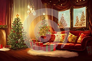 Cozy vintage Christmas holdiay decorated room, Christmas tree, fireplace, candles, toys, fur carpet and tartan plaid armchair