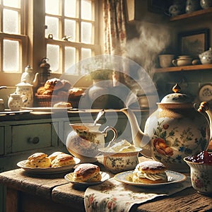 Cozy Vintage Kitchen: Rustic Tea Set Bathed in Sunlight