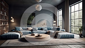 Cozy vintage living room in blue and gray tones. Comfortable corner sofa with pillows and plaid, round coffee table