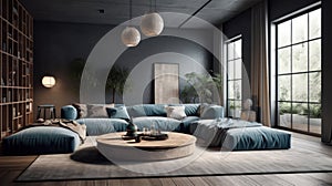 Cozy vintage living room in blue and gray tones. Comfortable corner sofa with pillows and plaids, round coffee table