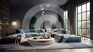 Cozy vintage living room in blue and gray tones. Stylish corner sofa with pillows, round coffee table, carpet on wooden