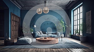 Cozy vintage living room in blue and gray tones. Stylish sofa and ottoman, round coffee table, carpet on wooden floor