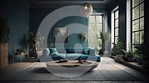 Cozy vintage living room in blue and gray tones. Stylish sofa with pillows, odd shaped coffee table, carpet on the