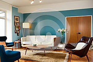 Cozy vintage living room interior with mid-century furniture, wooden floor, and blue walls
