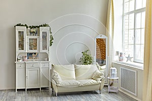 Cozy vintage living room interior with wooden sideboard