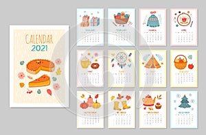 Cozy wall calendar 2021. Monthly calendars, styling home hygge schedule. Flat season planner with coffee plants warm