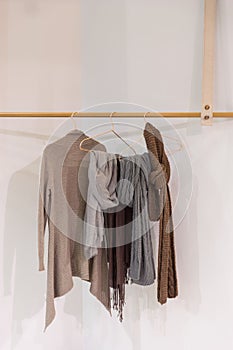 Cozy wardrobe with clothes hanging on wooden hanger
