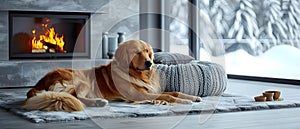 Cozy and warm: Golden retriever enjoying fireplace in modern living room. Concept Animal