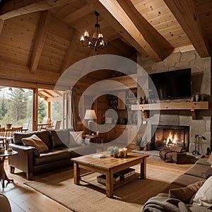 cozy warm home interior of a chic country house with an open plan, wood finishes, warm colors and a hearth view of